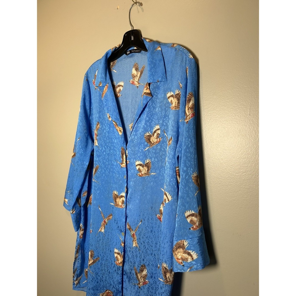 Zara Women's size L flowy bird print long shirt or swim Coverup satin material - Picture 2 of 14